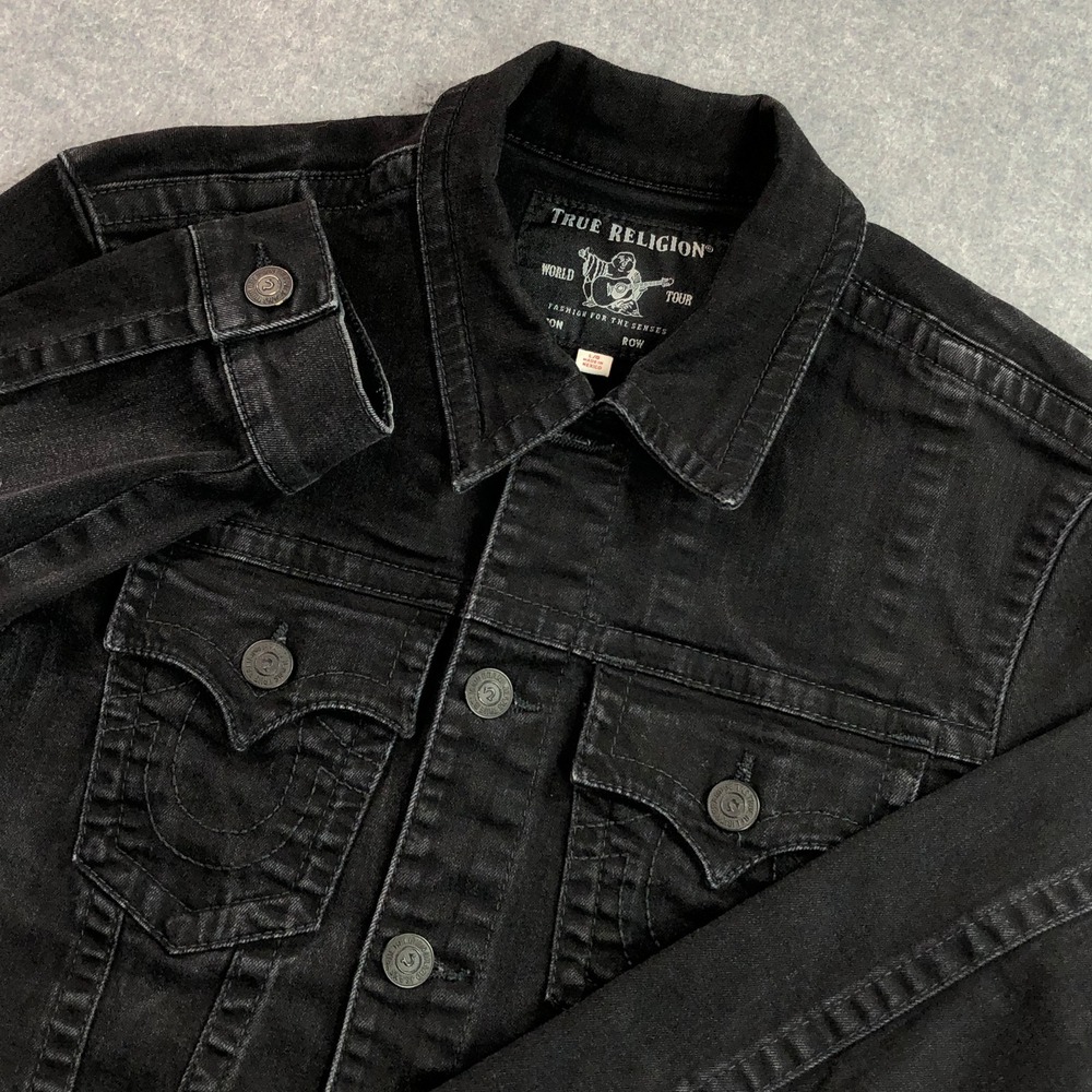 True Religion Mens Trucker Jacket Large Black Denim Horseshoe Stitch Button Up